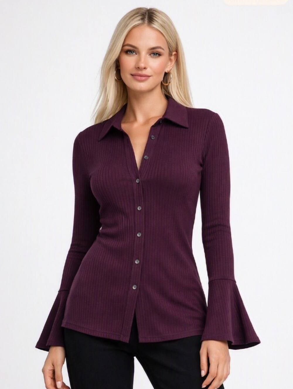 Button-Front Ribbed Knit Blouse in Plum with Flared Sleeves Medium